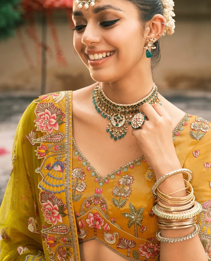 Yellow - Yellow & Green Fancy Silk Lehenga Choli With Cut Work Embroidery Border & Stone Work